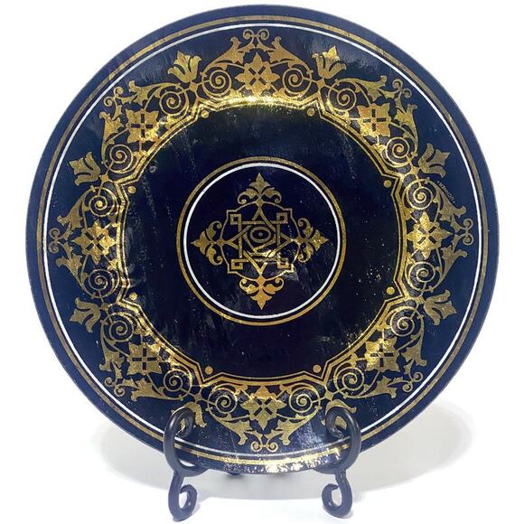 Uchner Kokomo Opalescent Glass Plate #192 Black & Gold 11.75" Diameter - Picture 1 of 5